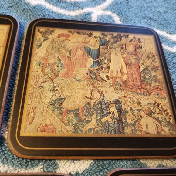 Vintage Pimpernel Cork Wood Coasters 4" Medieval motif set of 5 - Picture 4 of 10